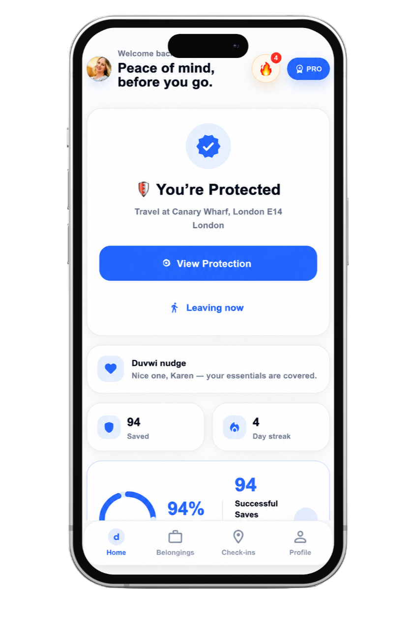 Duvwi app showing a belongings checklist reminder